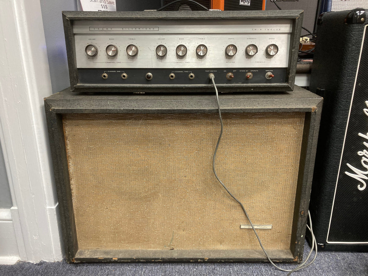 Silvertone Model 1484 Twin Twelve Guitar Amp 60&#39;s with original 2x12 cabinet and amplifier, featuring dials and footswitch.