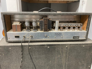 Silvertone Model 1484 Twin Twelve Guitar Amp, close-up of tubes and components, highlighting its vintage design and original 2x12 cabinet from the 1960s.