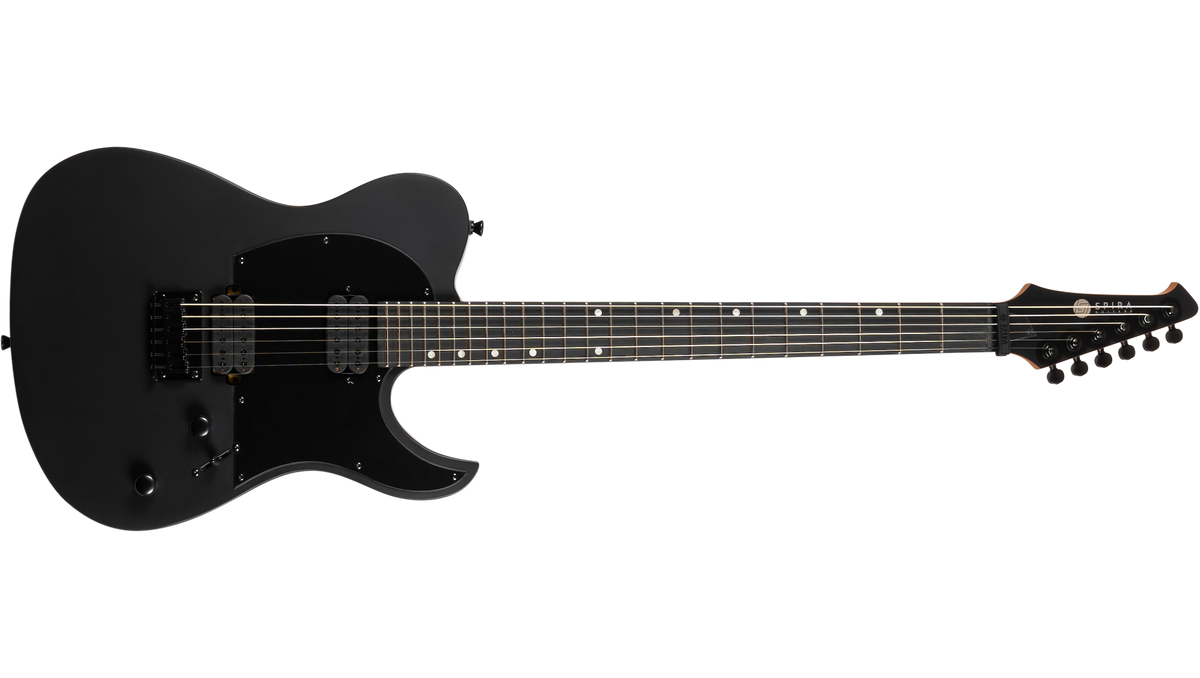 Spira S-407 Baritone Satin Black Electric Guitar with seven strings, double-cutaway body, custom humbuckers, fixed bridge, and locking tuners for modern, heavy music styles.