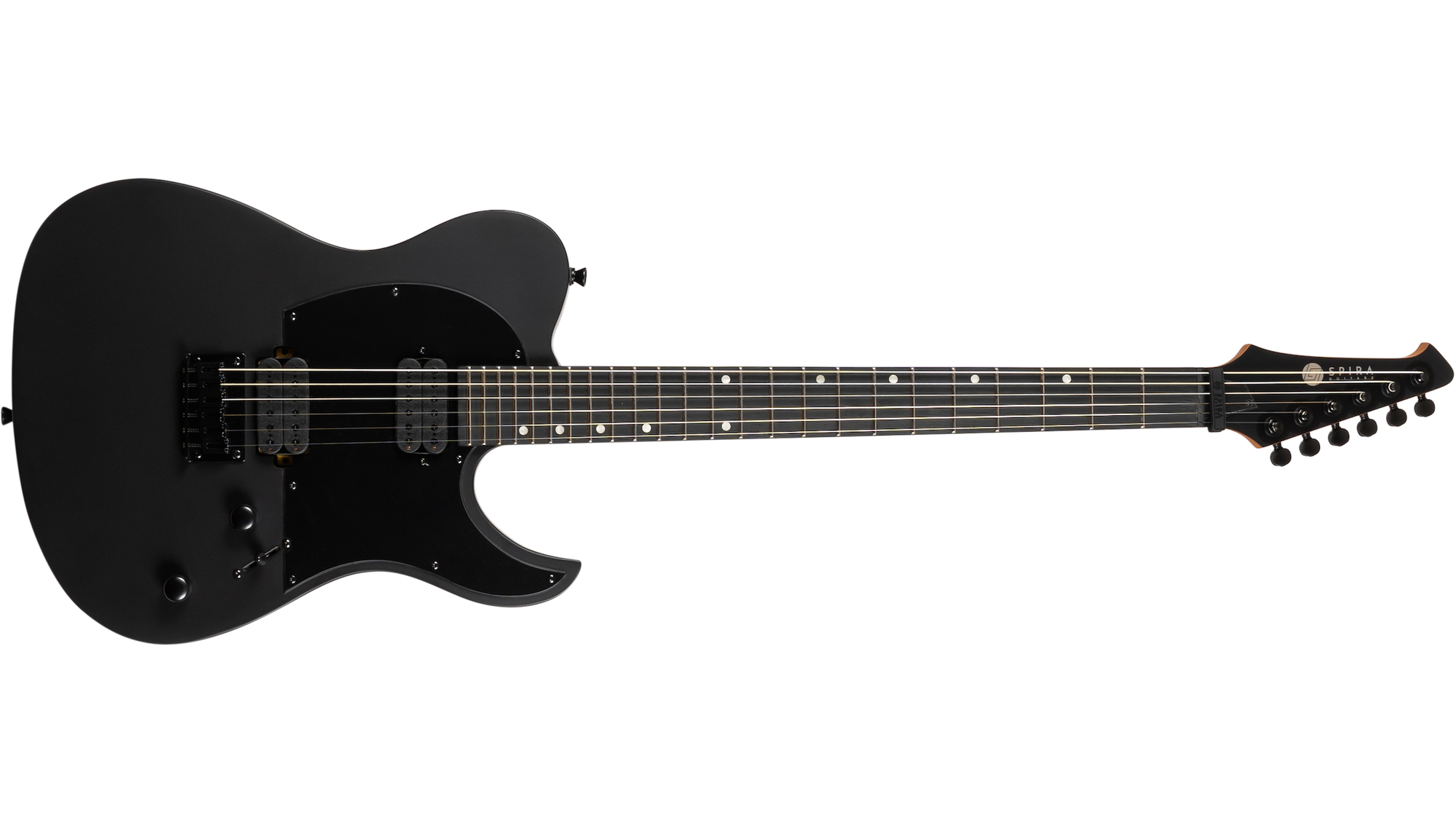Spira T-400 MBK Baritone Satin Black Electric Guitar, featuring a matte finish, six strings, humbuckers, fixed bridge, and control knobs for volume and tone.