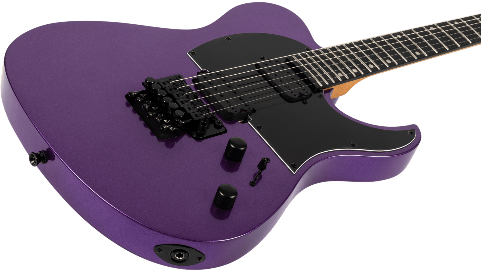 A close-up view of the Spira T-420 PP electric guitar by Spira, featuring a purple finish, black pickguard, high-output humbuckers, two control knobs, pickup selector switch, and a locking tremolo bridge.