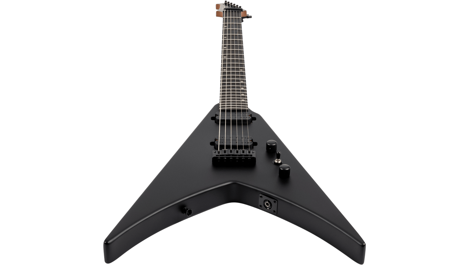 A Spira V-400 MBK electric guitar by Spira in black, viewed from the base, highlighting its high-output humbuckers, strings, pickups, control knobs, and input jack.