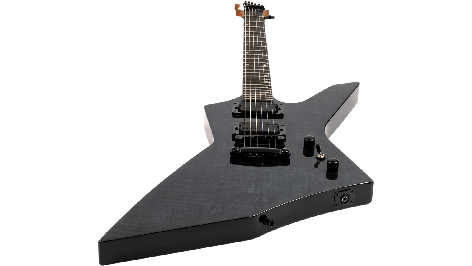 A Spira X-500 TBK E electric guitar by Spira, featuring a black angular modern body, premium tonewoods, dual high-output humbuckers, and black control knobs, photographed against a white background.