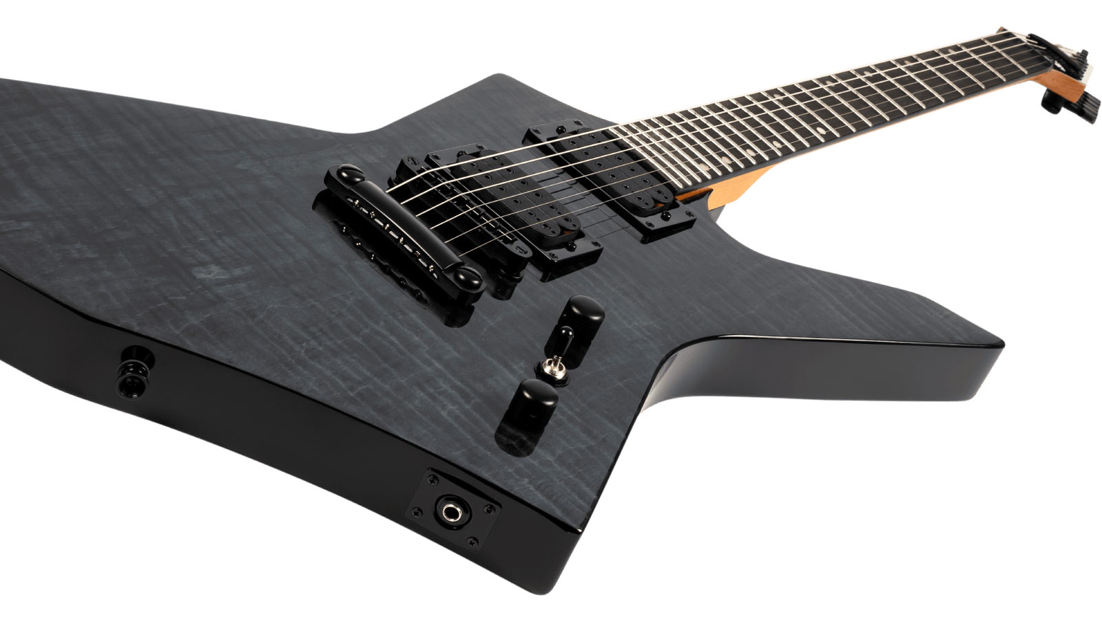 A Spira X-500 TBK E electric guitar by Spira, featuring a black angular modern body, premium tonewoods, dual high-output humbuckers, and black control knobs, photographed against a white background.