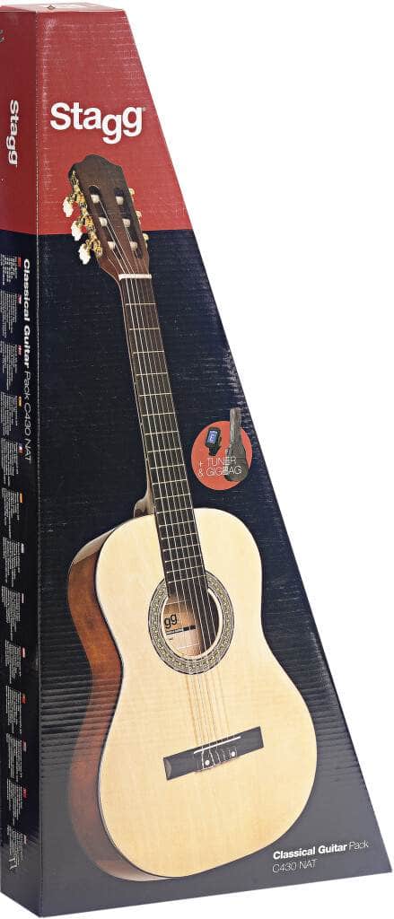 Stagg three quarter size natural classical guitar starter pack with gig bag, clip-on tuner, and packaging