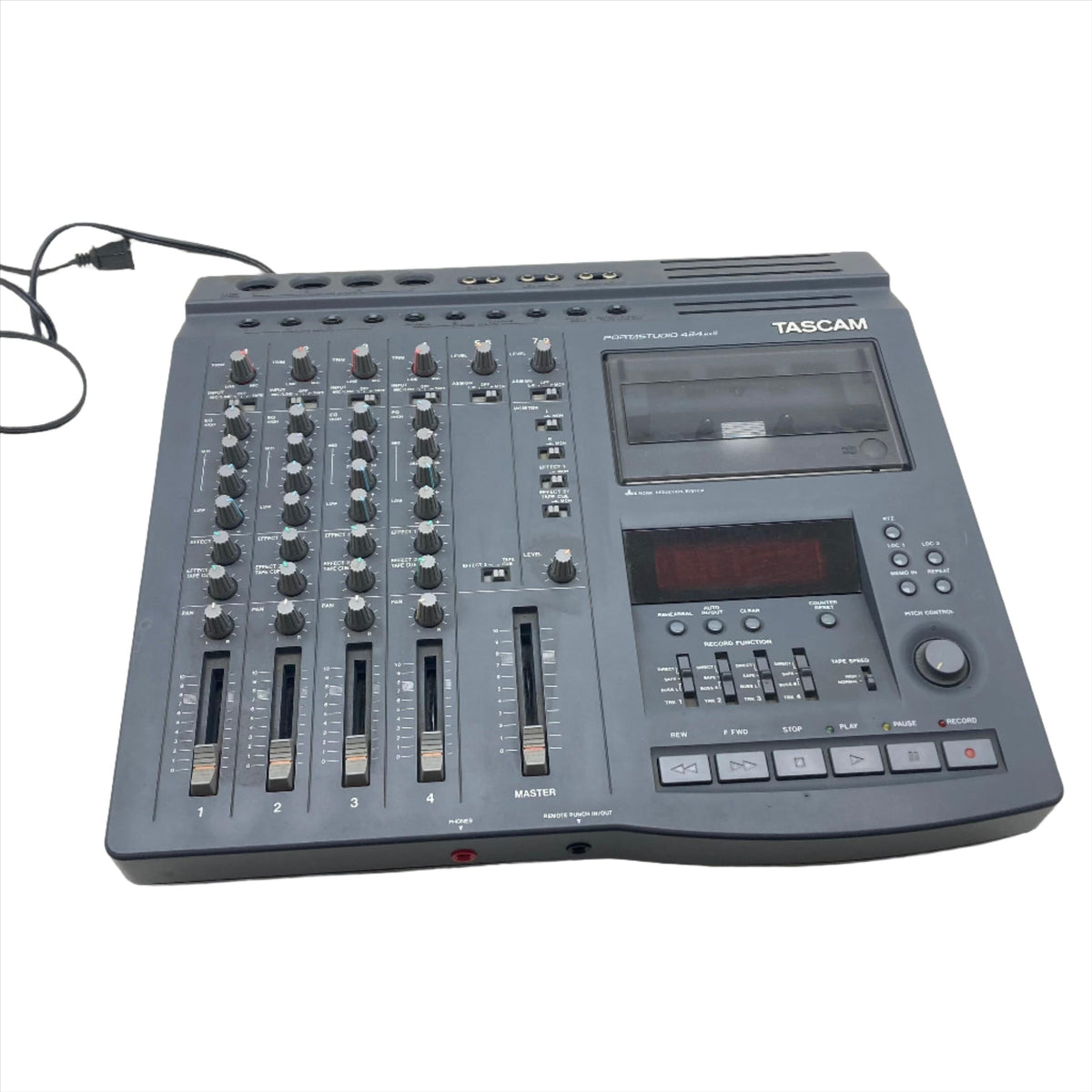 Tascam Portastudio 424 MKII Multi-Track Cassette Recorder with knobs and cables, ideal for analog recording and mixing up to four tracks.