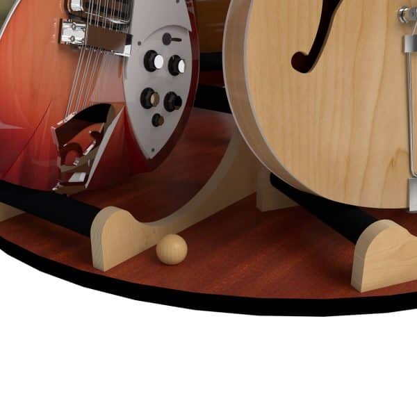 Two guitars rest on the A&S Crafted Products Carousel™ Deluxe Rotating Guitar Stand; one features a sunburst finish with chrome hardware, and the other displays a natural wood finish.