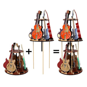 Two A&S Crafted Products Carousel™ Deluxe Rotating Guitar Stands are shown side by side with a plus sign, combined into a larger vertical rack using the Expansion Tier, as indicated by an equals sign.