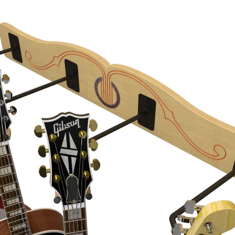 The Pro-File™ Wall-Mounted Guitar Hanger by A&S Crafted Products features decorative inlay and sturdy metal hooks, providing artistic storage for multiple guitars by their headstocks.