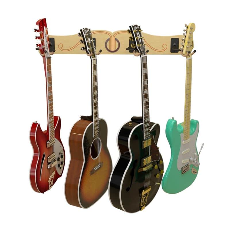 Four guitars—red, brown, black, and seafoam green—hang on the A&S Crafted Products Pro-File™ Wall-Mounted Guitar Hanger, offering a stylish and organized guitar display.