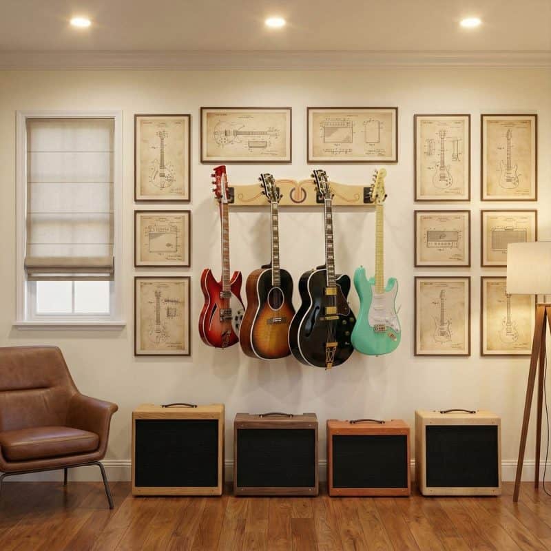 Four electric guitars hang on the A&S Crafted Products Pro-File™ Wall-Mounted Guitar Hanger beneath framed technical drawings, with four amplifiers on the floor and a leather chair and lamp nearby.
