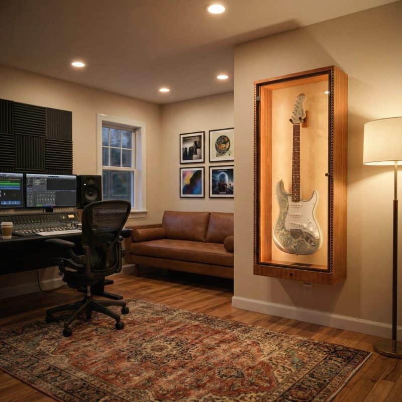 A home music studio with a desk, recording gear, office chair, brown sofa, framed art, and an electric guitar displayed on the wall in The ShowCase™ Deluxe Guitar Display Cabinet by A&S Crafted Products, featuring humidity control.