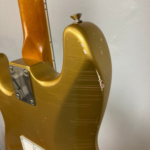 TopHat Stratavarius Aztec Gold Relic guitar close-up, showcasing aged finish, Callaham tremolo, Gotoh tuners, and Decoboom guard.