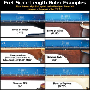 Collage showing the Tri-Beam 3 'n 1 Straightedge measuring guitar length, featuring SAE/Metric rulers and multiple scale lengths for precise fret and fingerboard assessment.