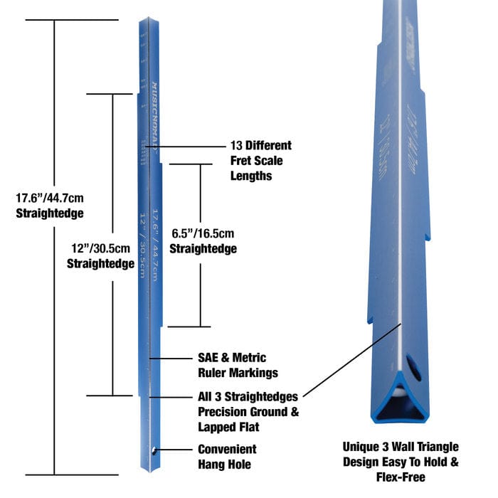 Tri-Beam 3 &#39;n 1 Straightedge with SAE/Metric ruler, designed for guitar fret and fingerboard leveling, featuring precision measurements and a blue anodized aluminum finish.