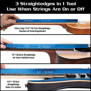 Tri-Beam 3 'n 1 Straightedge with SAE/Metric ruler and scale length ruler for checking guitar frets and fingerboard level.