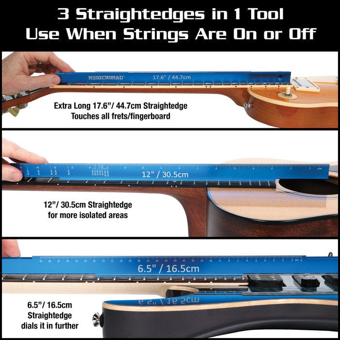 Tri-Beam 3 &#39;n 1 Straightedge with SAE/Metric ruler, featuring three straightedges for diagnosing fret and fingerboard issues in guitars.