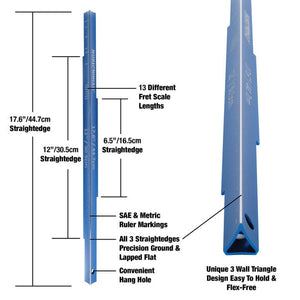 Tri-Beam 3 'n 1 Straightedge with SAE/Metric ruler and guitar scale lengths, featuring three critical lengths for fret and fingerboard leveling.