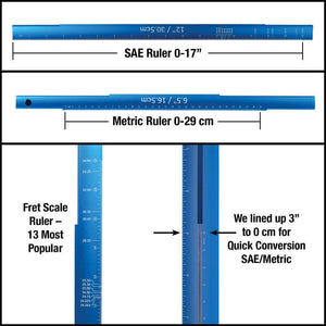 Tri-Beam 3 'n 1 Straightedge, with SAE/Metric ruler and guitar scale length markings, designed for diagnosing fret and fingerboard issues.