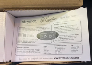 Strymon El Capistan Tape Echo v1 USED, shown with its box and instructions, featuring a close-up of the toggle switch and logo.