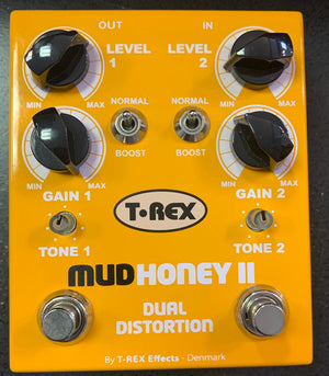 T-REX Mudhoney II Dual Distortion Pedal USED with black knobs and dials, featuring dual channels and tone controls for versatile distortion sounds.