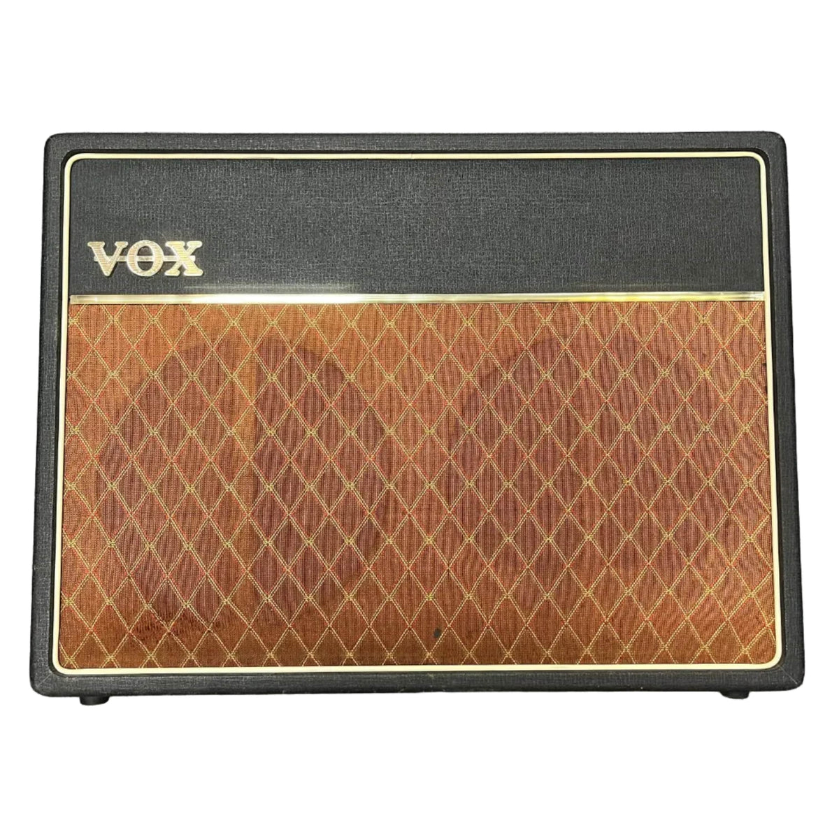 Front view of a Vintage 1963 Vox AC30/6 Normal amplifier by Vox, featuring a black and brown diamond-patterned grille, gold trim, classic Celestion Blue T530 speaker, original JMI egg footswitch, and flight case.