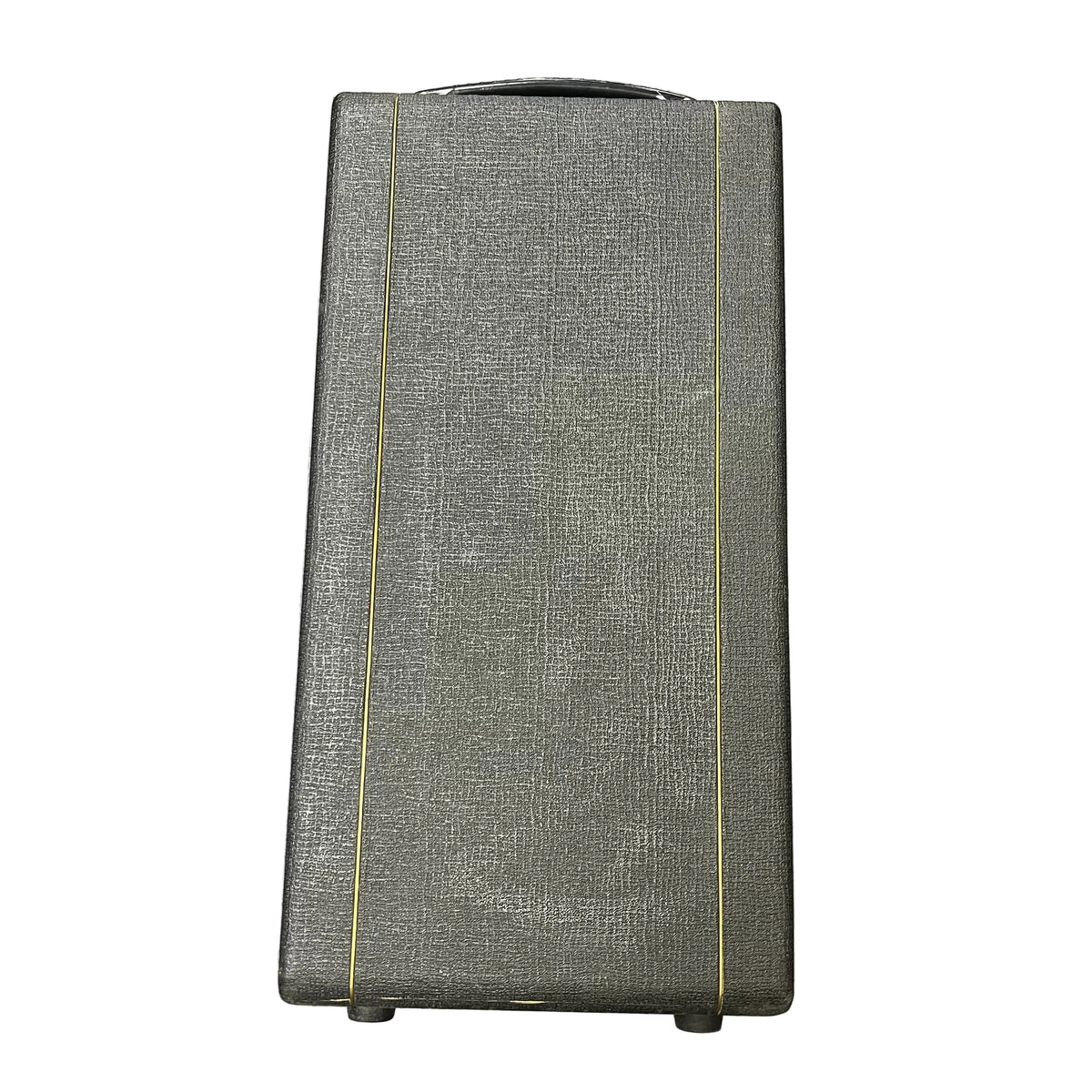 A vintage 1963 Vox AC30/6 Normal by Vox, featuring its original JMI egg footswitch and a textured gray rectangular flight case with yellow stripes and a top handle, shown against a white background.