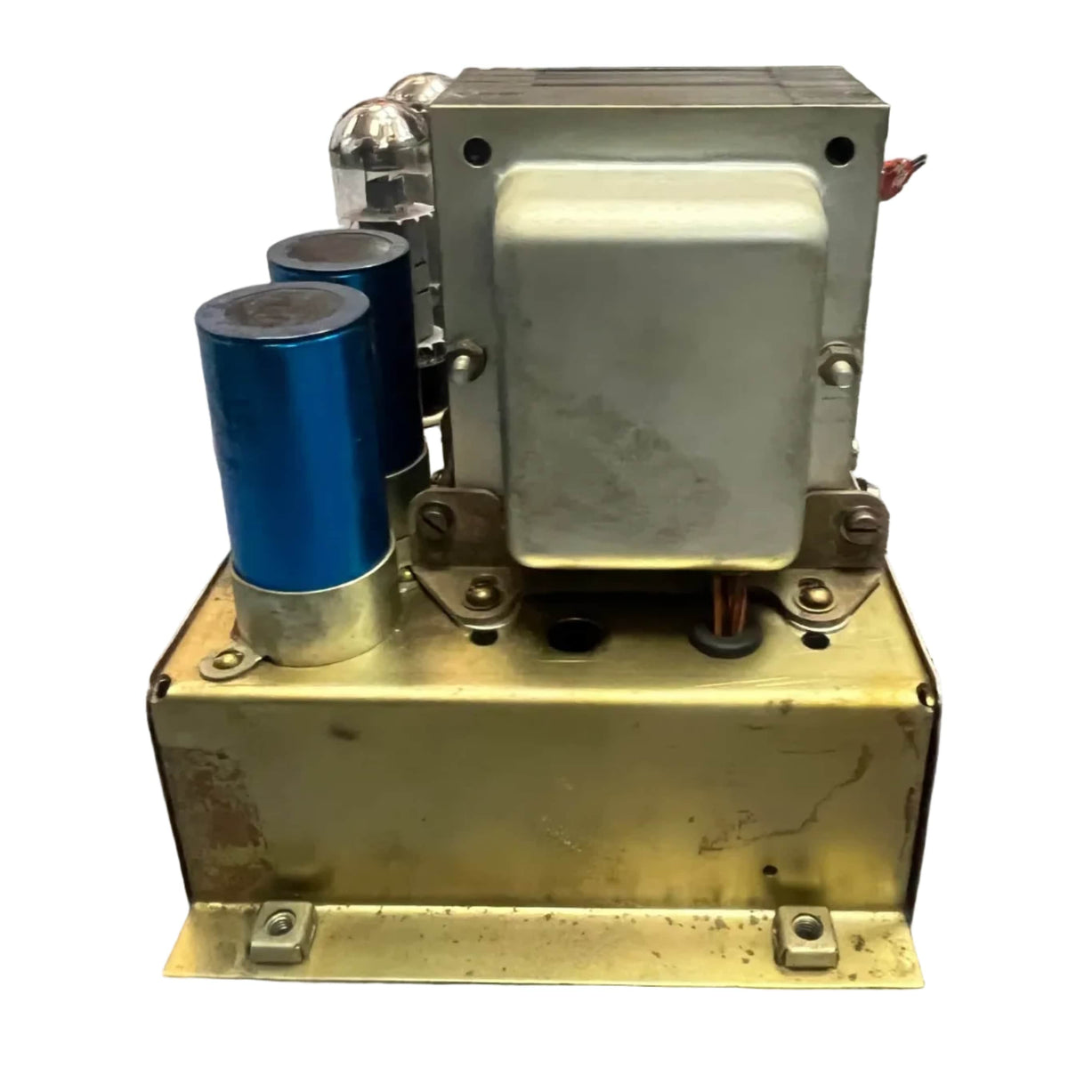 A 1971 Marshall 50W Lead Head guitar amp, JMP era by Marshall, featuring blue capacitors, vacuum tubes, and a brass-finish chassis—delivering classic British tones. Includes flight case.