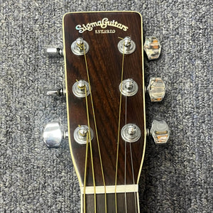 Close-up of a Vintage Sigma DR-35 Acoustic Guitar headstock (Made in Japan) by Sigma, showing six tuning pegs on a textured gray carpet background.