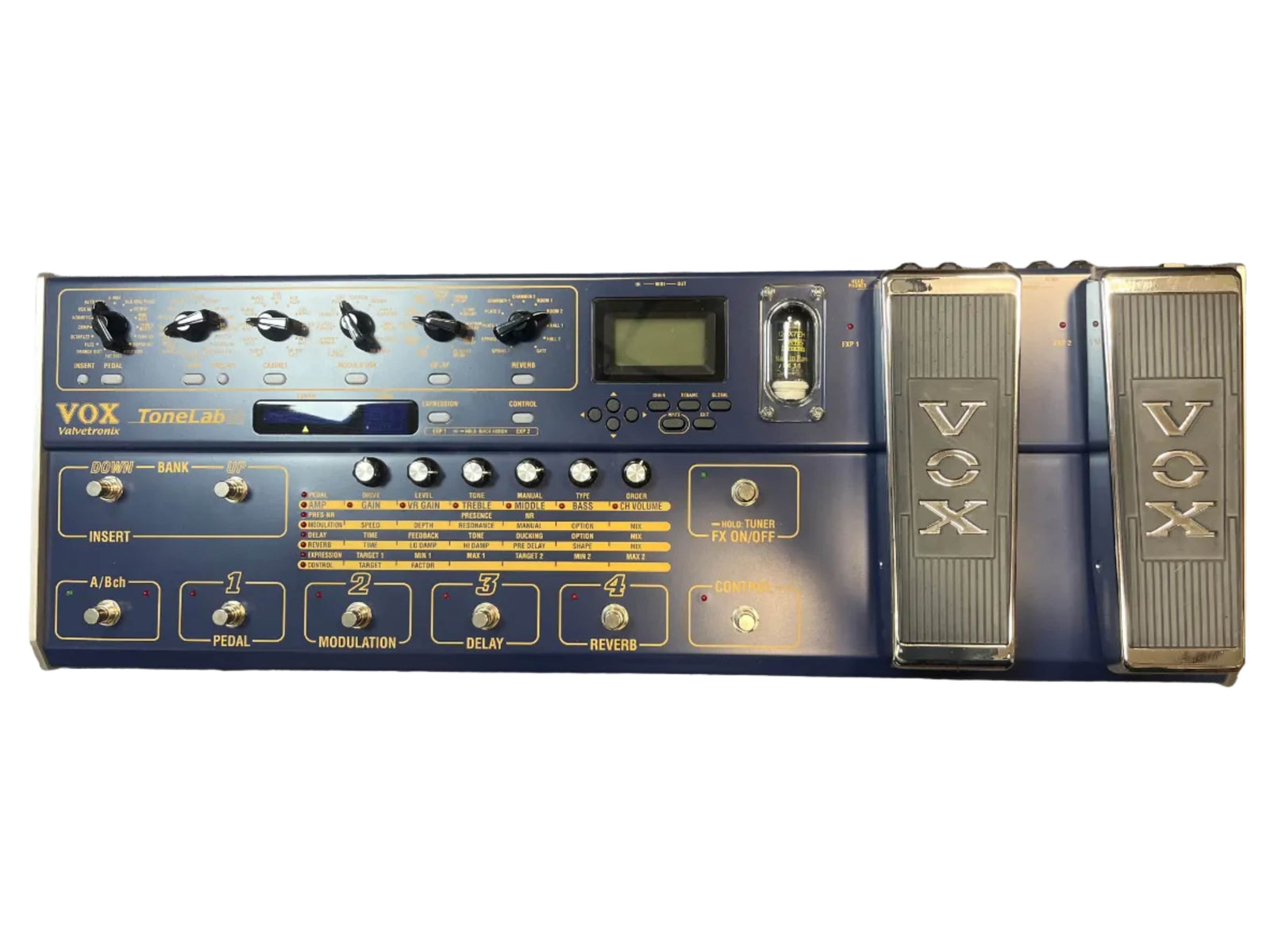 The Vox ToneLab SE Multi-Effects Pedal by Vox features Valvetronix technology, multiple knobs and switches, an LCD display, and dual expression pedals, all housed in a blue chassis.