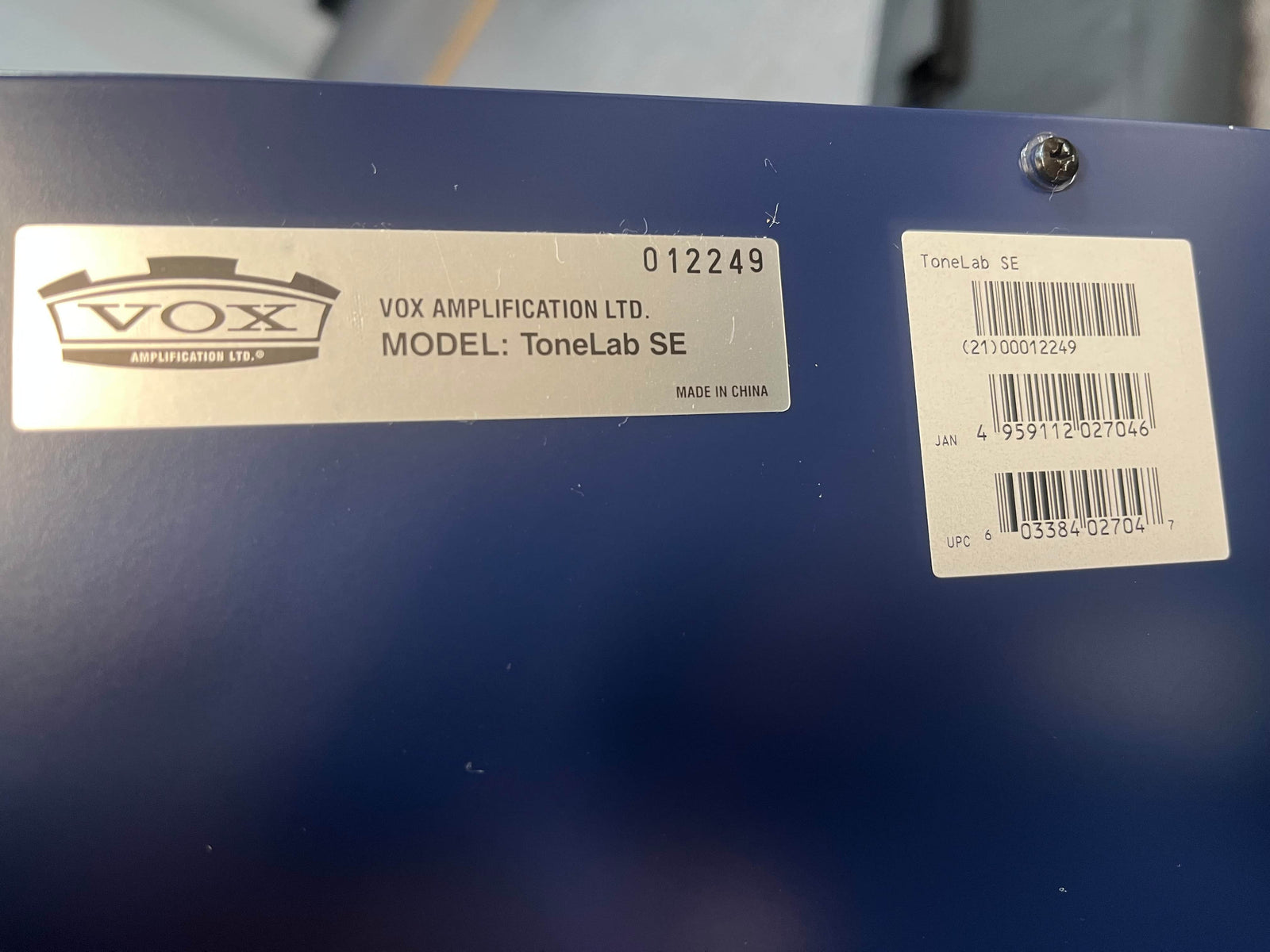 The Vox ToneLab SE Multi-Effects Pedal by Vox features Valvetronix technology, multiple knobs and switches, an LCD display, and dual expression pedals, all housed in a blue chassis.