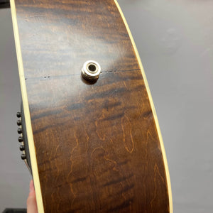 Close-up of the side of a Waterloo WL-12 Parlor Acoustic w/Case Used Consign guitar, showing a 1/4-inch output jack on its dark wood body with cream binding and a glossy finish.