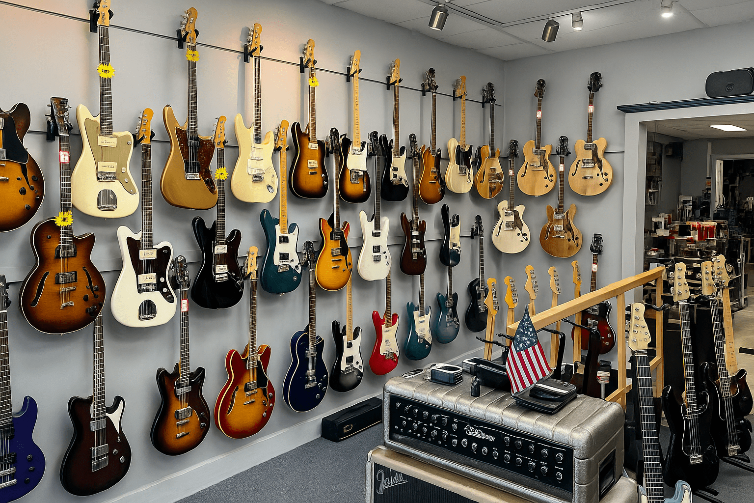 Wall of guitars in a showroom of an independent guitar store.