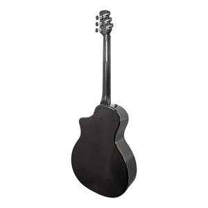 The Klos Full Carbon Grand Cutaway Mini DAE w/Fishman Presys VT travel guitar by Klos is shown from the back, highlighting its smooth, glossy finish and distinctive carbon fiber texture.