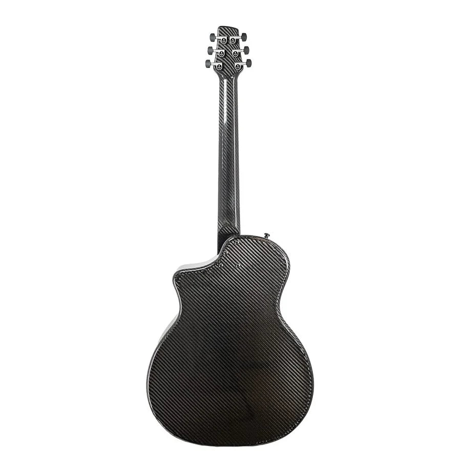 A back view of the KLOS Full Carbon Grand Cutaway Mini DAE w/Fishman Presys VT by Klos, featuring tuning pegs, a textured carbon fiber surface, and a sleek finish.