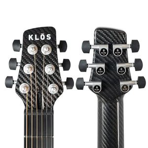 Front and back views of the Klos Full Carbon Grand Cutaway Mini DAE w/Fishman Presys VT headstock, showing six tuning pegs and the "Klos" brand name.