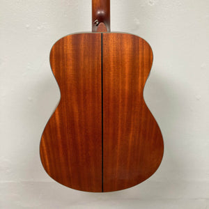 The image shows the back of a Yamaha FSX5 Satin Red Label Natural acoustic electric guitar by Yamaha, made in Japan, with a polished wooden finish and curved sides, photographed against a plain white background.