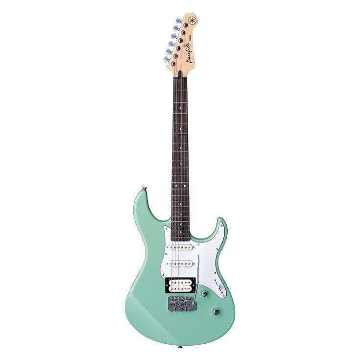 A Yamaha Pacifica PAC112V Sonic Blue electric guitar with a white pickguard, six strings, dark fretboard, and H/S/S pickup configuration stands upright against a plain white background for versatile tones.