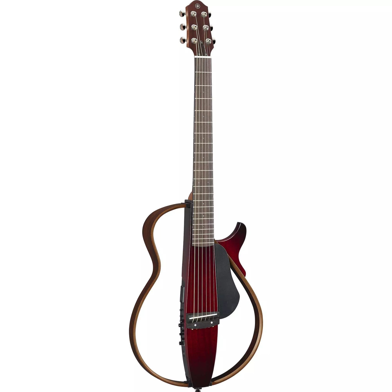 The Yamaha SLG200S SILENT Steel-String Guitar CRB features a modern, frameless design with a dark red finish and minimal wooden outline—ideal as a stylish, portable travel guitar for on-the-go musicians.