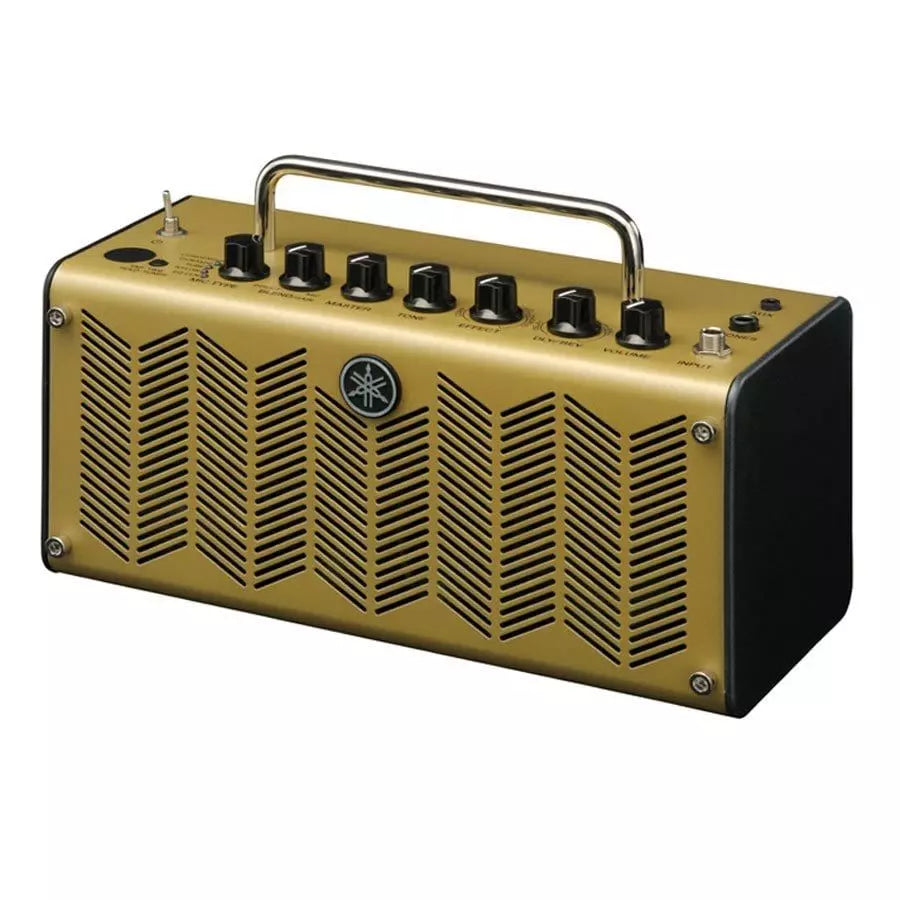 The Yamaha THR5A 10-Watt Desktop Acoustic Guitar Amp features a carrying handle, control knobs, vented front panel design, and USB recording capability.