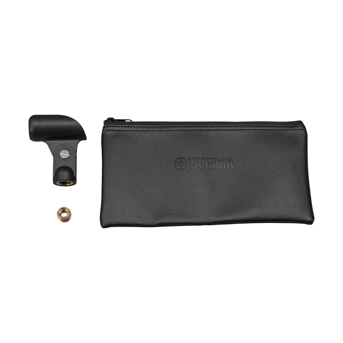 Yamaha YDM505 Black Dynamic Cardioid Microphone kit with microphone clip, brass adapter, and Yamaha-branded pouch, ideal for precise, professional audio performance.