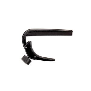 D'Addario NS Classical Capo Black with micrometer adjustment, designed for classical guitars, shown with a close-up of its black knob.