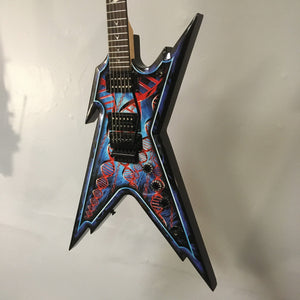 Dean Guitars Razorback Dimebag Floyd DNA Spatter, used, featuring maple neck, rosewood fretboard, DMT Design humbucker pickups, and black hardware.