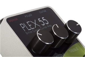 Close-up of the Foxgear Plex 55 guitar amplifier preamp section, highlighting its black and silver knobs for precise tone control and high-quality performance.