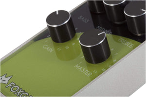 Close-up of the Foxgear Plex 55 preamp section, showcasing knobs and cylinders, designed for mimicking classic tube amplifier tones with high headroom and rich harmonics.