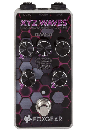 Close-up of Foxgear XYZ Waves Digital Modulations guitar pedal showing knobs and controls for versatile modulation effects.