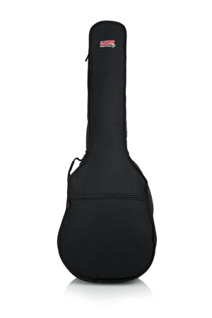 Gator Acoustic Bass Guitar Gig Bag with heavy-duty side zipper, rugged nylon exterior, and exterior pocket for accessories.