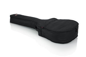 Gator Acoustic Bass Guitar Gig Bag with rugged nylon exterior, side zipper enclosure, foam padding, and exterior pocket for accessories.