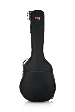 Gator Acoustic Bass Guitar Gig Bag with durable nylon exterior, heavy-duty side zipper, foam padding, and exterior pocket for accessories.