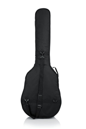 Gator Acoustic Bass Guitar Gig Bag with straps, heavy-duty side zipper, exterior pocket, and foam padding for protection.